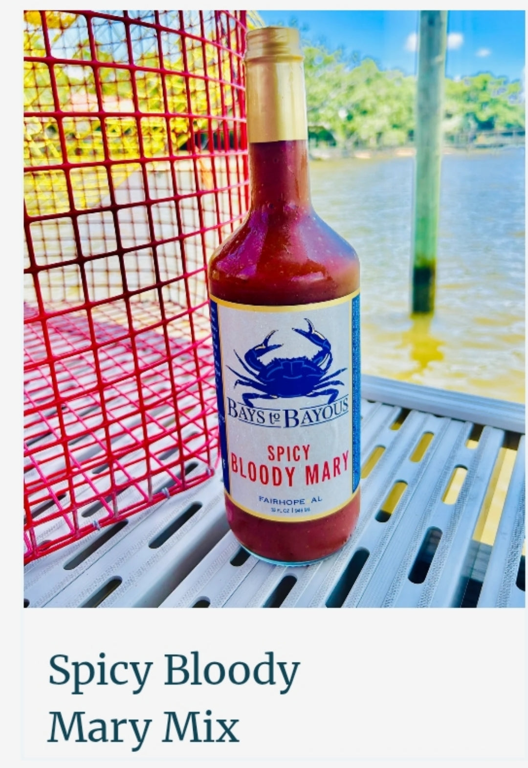 A bottle of Bay's of Bayou's Spicy Bloody Mary Mix sauce standing on a metal table outdoors near water, with a red wire fence on the left and a white text banner at the bottom reading 'Spicy Bloody Mary Mix'.